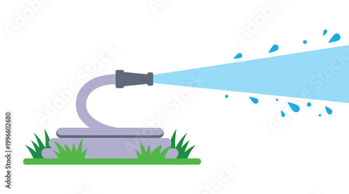 Flat Vector Illustration of a Garden Hose Spraying Water Over Green Grass Lawn for Yard Maintenance and Gardening Concepts