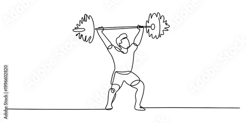 Continuous line drawing of a person lifting a heavy barbell overhead, athletic man performing a weightlifting exercise, dynamic fitness pose Vector, illustration