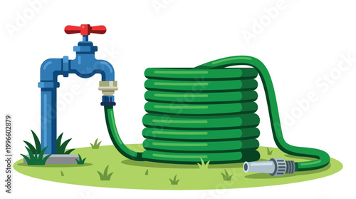 Vector Illustration of a Green Coiled Garden Hose Connected to an Outdoor Blue Water Faucet on a Patch of Grass