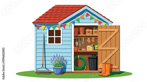 Colorful wooden garden shed with tools and plants for backyard storage and hobby gardening illustration