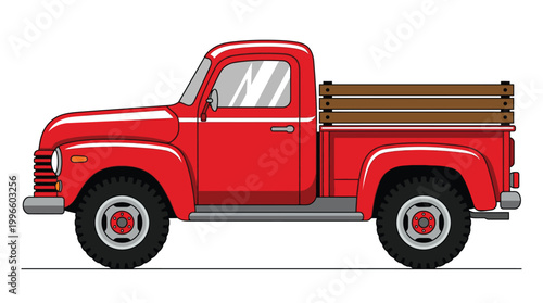 Vintage Red Pickup Truck Vector Illustration with Wooden Rails Side View Classic Farm Vehicle for Delivery and Logistics