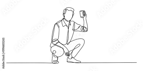 Man crouching and holding a cup, drawn in a single continuous line art style