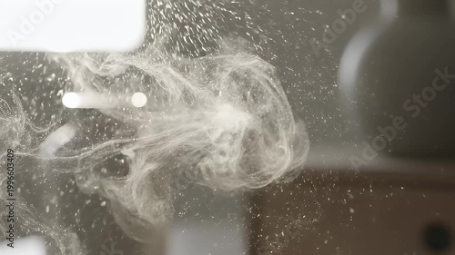 Dust particles sparkling in the air illuminated by bright light with shallow depth of field