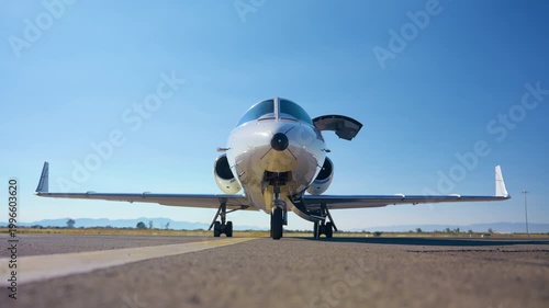 Sleek white private jet sits on airport tarmac with passenger door open and stairs deployed. Front view shows twin engines and landing gear against clear blue sky and distant mountains.