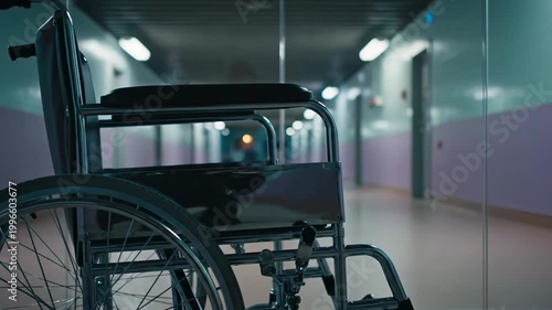 Hospital Corridor With Modern Wheelchair Conveying A Sense Of Loneliness Or Waiting
