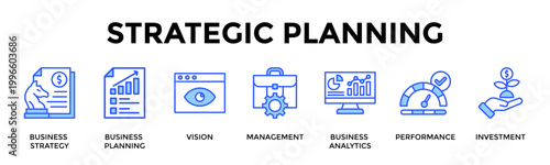 Strategic Planning  Banner Web  Icon Set Collection Pack Vector Illustration Concept Containing Business Strategy, Business Planning, Vision, Management, Business Analytics, Performance, Investment