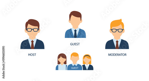 Flat vector illustration set of professional business avatars for video conferencing including labeled icons for host, moderator, and guests in formal office attire on white background.