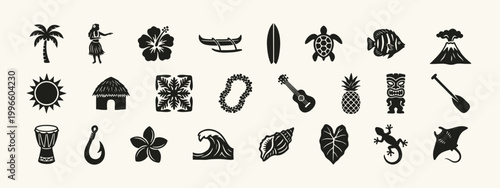 Set of Hawaiian Culture and Tropical Island Icons
