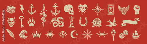 Vintage Old School Tattoo Flash Icon Set