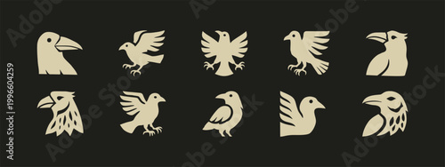 Minimalist Raven and Crow Vector Logo Icon Set
