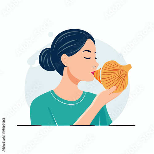 Woman blowing a conch shell