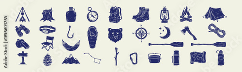 Vintage Camping and Hiking Outdoor Adventure Icon Set