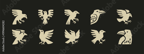 Stylized Raven and Crow Silhouette Icon Set