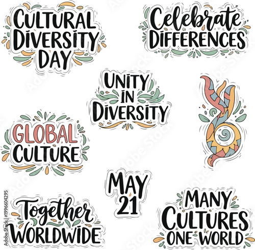 World Day for Cultural Diversity Typography Stickers Set with Inspirational Quotes and Hand-Drawn Elements for Global Unity Celebration