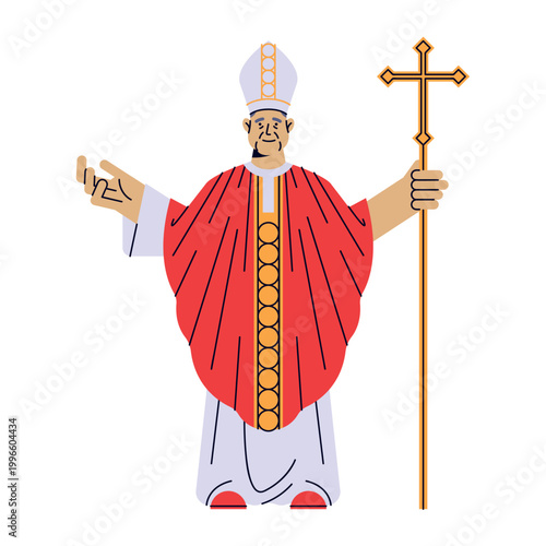 Catholic Pope Holding Cross Staff Illustration