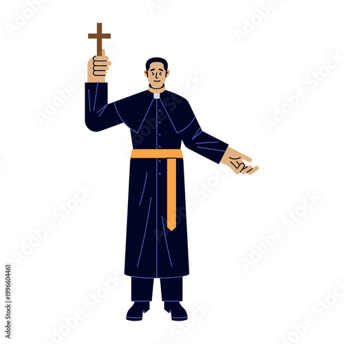 Priest Holding Cross Religious Illustration