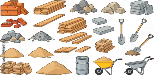 Comprehensive construction building materials vector icon set featuring red bricks timber wood sand gravel cement bags concrete blocks shovels wheelbarrows and industrial oil barrel.