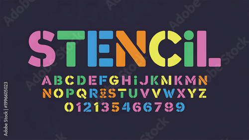Colorful stencil alphabet and number set featuring bold rounded characters in pink, green, blue, orange, and yellow colors arranged on a dark navy blue background, for and typography use