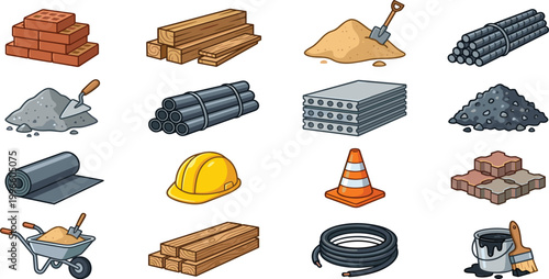 Comprehensive construction building materials vector icon set including bricks timber lumber sand steel rebar concrete pipes wheelbarrow and safety equipment.