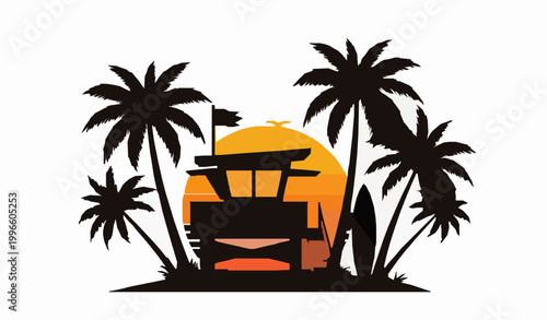 Beach sunset silhouette with lifeguard tower palm trees and surfboard tropical vector illustration isolated on white background