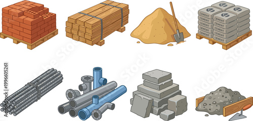 Comprehensive construction building materials vector icon set featuring red bricks, timber lumber, cement bags on pallets, sand, steel rebar, industrial pipes, concrete blocks, and gravel.