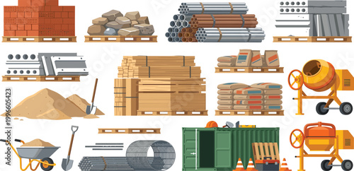 Comprehensive construction building materials vector set with bricks on pallets timber lumber cement bags concrete mixer pipes sand gravel and shipping container.