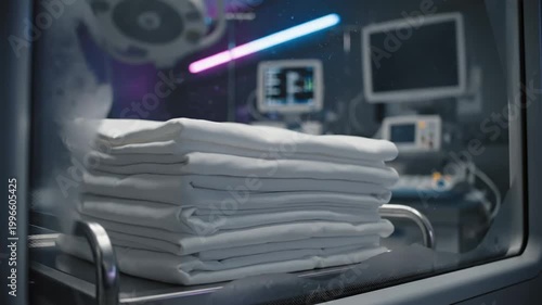 Hospital Operating Room Scene Featuring Stacked Linens and Modern Medical Equipment