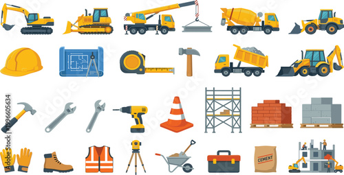 Comprehensive construction site building materials and heavy machinery vector icon set featuring excavator, crane, tools, safety equipment, bricks, and professional worker gear.