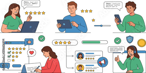 Customer feedback and user experience set with people giving ratings writing reviews and support agent for business marketing and management