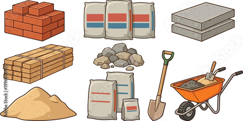 Essential construction site building materials vector icon set featuring red bricks, timber lumber, cement bags, concrete slabs, sand, gravel, shovel, and orange wheelbarrow.