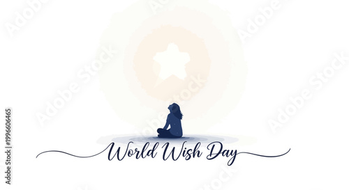 Stylized vector design for World Wish Day featuring a silhouette of a girl sitting in a lotus position, gazing at a glowing star in the sky, with a dreamy and hopeful mood against a clean