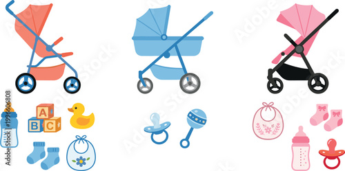 Set of Baby Stroller and Accessories Vector Icons Including Bottles, Pacifiers, and Clothing for Infant and Baby Care Designs