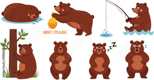 Funny Bear Illustrations in Various Poses, Stealing Honey, Fishing, and Sleeping, Adorable Cartoon Bears for Animal and Nature Lovers