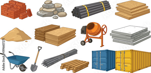 Industrial construction building materials vector icon set featuring red bricks, timber lumber, concrete mixer, pipes, sand, gravel, shipping containers, and masonry tools.