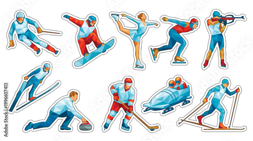 Winter Sports Collection: Geometric Design Athletes in Various Cold Weather Activities