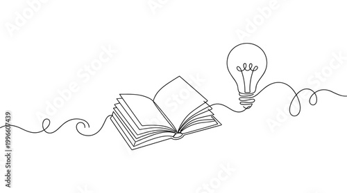 Continuous line drawing of open book and light bulb symbolizing idea and knowledge
