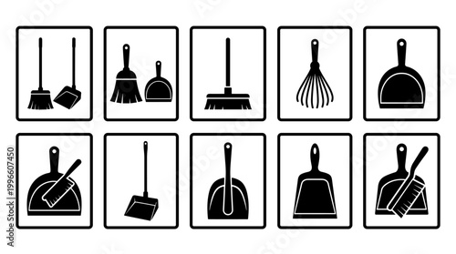 Diverse Collection of Cleaning Tool Icons: Brooms Dustpans and Brushes