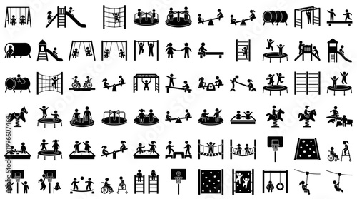 Children Play Recreation Elements Park Swing Slide Merry-Go-Round Icons Graphic Set