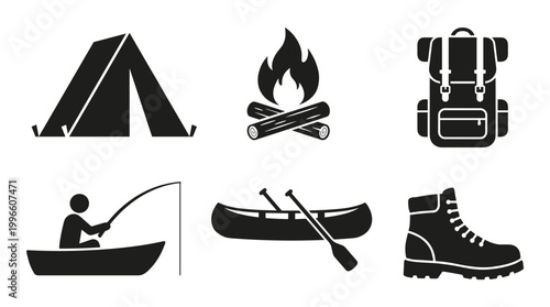 Outdoor adventure and camping icons set: tent campfire backpack fishing canoe boot