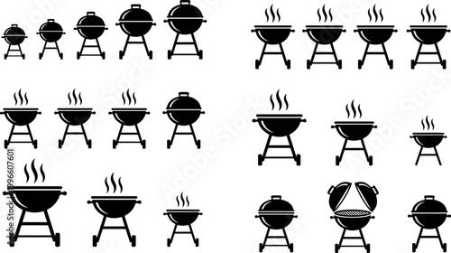 Set of BBQ Grill Icons with Various Sizes and Cooking Designs for Outdoor Cooking, Barbecue, and Grill Themes