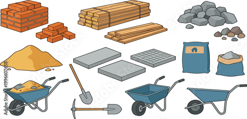 Professional construction building materials vector set including red bricks, timber wood, sand, gravel, cement bags, concrete slabs, wheelbarrows, and manual hand tools.