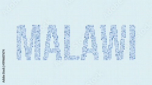 Malawi dotted map animation. Digital style shape of the country. Malawi shape and title dots appear with bulb flickering effect. Intro, outro, logo, title video.