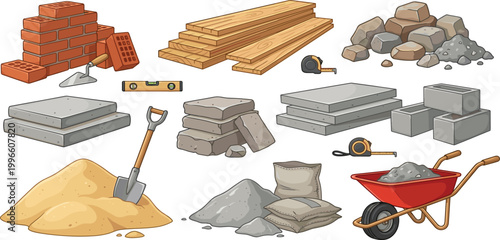 Professional construction site building materials vector icon set featuring red bricks, timber lumber, concrete slabs, sand, gravel, cement bags, wheelbarrow, and masonry tools.