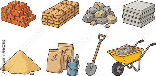 Professional construction site building materials vector icon set including red bricks, timber wood, concrete slabs, sand, cement bags, gravel, wheelbarrow, and masonry tools.