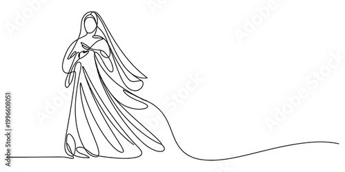 Continuous single line drawing of a beautiful woman wearing a long dress and veil standing in a graceful pose in a minimal style Vector, illustration
