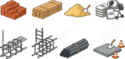 Professional isometric construction building materials vector icon set featuring red bricks timber lumber sand cement mixer steel rebar pipes and concrete masonry.