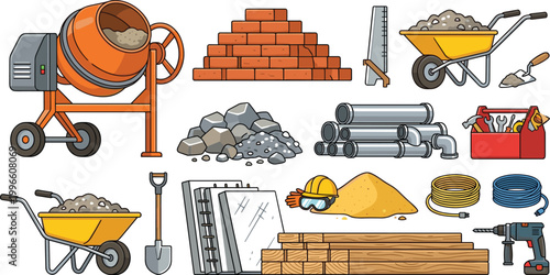 Professional construction site equipment and building materials vector icon set including concrete mixer, wheelbarrow, bricks, tools, timber, pipes, and safety gear.