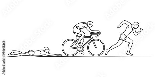 Continuous single line drawing of triathlon athlete swimming cycling and running in a sequence representing endurance sports race Vector, illustration