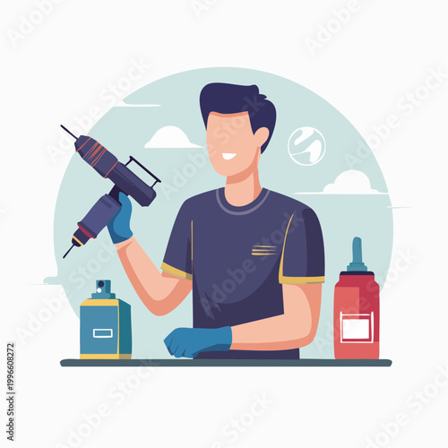 Tattoo Artist Holding Tattoo Machine with Supplies