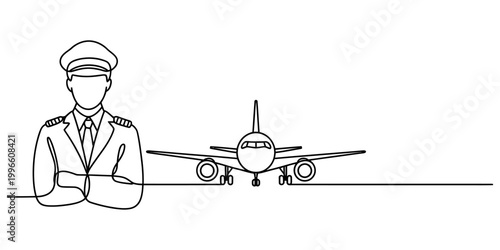 Continuous single line drawing of an airplane pilot standing with arms crossed next to a passenger jet plane on the tarmac runway Vector, illustration